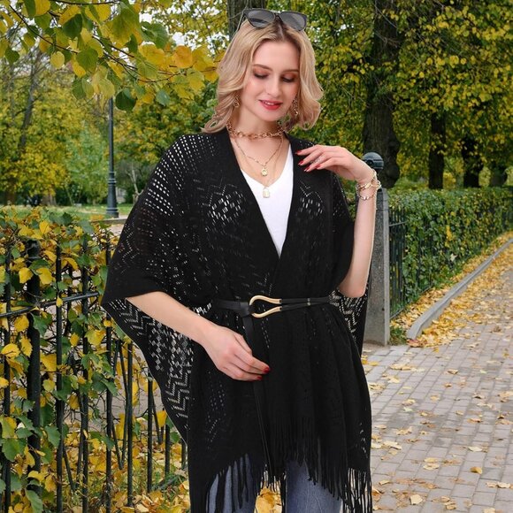 Knit Shawl Wrap for Women - Soul Young Ladies Fringe Knitted Poncho Cardigan Cap - Picture 2 of 7